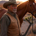 Elderly cowboy and his horse