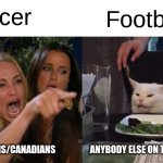 Woman Yelling At Cat | Soccer; Football; AMERICANS/CANADIANS; ANYBODY ELSE ON THE WORLD | image tagged in memes,woman yelling at cat | made w/ Imgflip meme maker