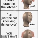 Panik Kalm Panik | You hear a loud crash in the kitchen; "It's just the cat knocking things over"; YOU DON'T HAVE A CAT! | image tagged in memes,panik kalm panik,cats,funny memes,fun | made w/ Imgflip meme maker