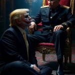 Donald Trump on floor next to Vladimir Putin on a throne