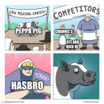 cow milking contest | CHANNEL 5; PEPPA PIG; RTÉ AND NICK JR. HASBRO | image tagged in cow milking contest,rte,channel 5,nick jr,peppa pig,hasbro | made w/ Imgflip meme maker