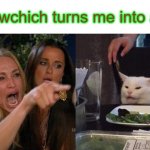 Woman Yelling At Cat | Pov: wchich turns me into a cat | image tagged in memes,woman yelling at cat | made w/ Imgflip meme maker