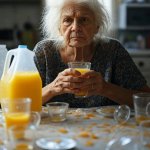 Top JPP old woman drinking orange juice at kitchen table