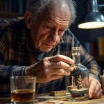 Drunken old man ship in bottle drinking bourbon