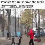 please do not run tiny human | People: We must save the trees; Meanwhile ... the trees | image tagged in gifs,treeeees | made w/ Imgflip video-to-gif maker