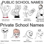 Public vs. Private School Names | PUBLIC SCHOOL NAMES; Roosevelt High School; Stevenson Middle School; Washington Middle School; Queen Kaahumanu Elementary School; Private School Names; Punahou School; Hawaii Baptist Academy; Iolani School; Le Jardin Academy | image tagged in x in the past vs x now | made w/ Imgflip meme maker