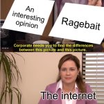 "LoOk WhO fElL fOr ThE RaGeBaIt" | An interesting opinion; Ragebait; The internet | image tagged in memes,they're the same picture,rage,internet | made w/ Imgflip meme maker