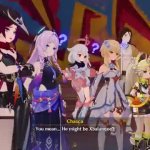 Paimon, Lumine and 4 Natlan Chars confused (ignore the textbox) meme