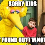 Existential Birds | SORRY KIDS; I JUST FOUND OUT I'M NOT REAL | image tagged in sad big bird,birds aren't real | made w/ Imgflip meme maker