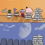 Regular Show Graves | SUPER MARIO, DONKEY KONG, THE LEGEND OF ZELDA, KIRBY, POKÉMON AND ANIMAL CROSSING; EARTHBOUND; GAME AND WATCH; PIKMIN AND CLASSIC NINTENDO FRANCHISES; STARFOX; DUCK HUNT; SUPER MARIO, DONKEY KONG, THE LEGEND OF ZELDA, KIRBY, POKÉMON AND ANIMAL CROSSING | image tagged in regular show graves,nintendo | made w/ Imgflip meme maker
