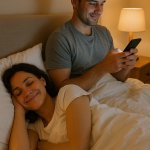 Husband on phone while wife is dreaming