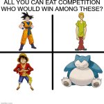 eating competition | ALL YOU CAN EAT COMPETITION
WHO WOULD WIN AMONG THESE? | image tagged in memes,blank starter pack,pokemon,anime,eating,shaggy meme | made w/ Imgflip meme maker