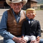 cowboy outside with Trump dummy doll