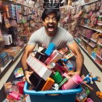 guy grabbing everything in a store