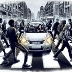 young female driver with car in middle of crosswalk