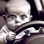 Baby with intense eyes holding steering wheel (from the “I’m bui