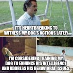 Sad Pablo Escobar | IT'S HEARTBREAKING TO WITNESS MY DOG'S ACTIONS LATELY; I'M CONSIDERING TRAINING MY DOG TO ENHANCE HIS INTELLIGENCE AND ADDRESS HIS BEHAVIORAL ISSUES. | image tagged in memes,sad pablo escobar | made w/ Imgflip meme maker