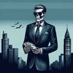 Esqueleto empresario, con un fajo de billetes y lentes oscuros