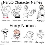 Naruto Character vs. Furry Names | Naruto Character Names; Kakashi; Sakura Haruno; Naruto Uzumaki; Sasuke Uchiha; Furry Names; Rahne Kallon; Uncle Kage; Twilight Saint; Jamage | image tagged in x in the past vs x now,furry,naruto | made w/ Imgflip meme maker