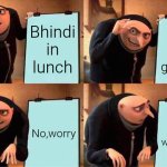 Gru's Plan Meme | Bhindi in lunch; But oil get leak; But, I wear white pant; No,worry | image tagged in memes,gru's plan | made w/ Imgflip meme maker