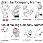 Regular vs. Fursuit-Making Company Names | Regular Company Names; Burger King; Walmart; Safeway; Target; Fursuit Making Company Names; Skyehigh Studios; Lobitoworks; Lemonbrat; Pawaii Fursuits | image tagged in x in the past vs x now,furry,company | made w/ Imgflip meme maker