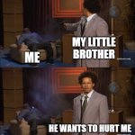 Bro wanna me in trouble | MY LITTLE BROTHER; ME; HE WANTS TO HURT ME | image tagged in memes,who killed hannibal,funny,relatable,little brother,siblings | made w/ Imgflip meme maker