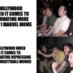 They'd give 13 awards to a French disaster rather than giving marvel anything istg | HOLLYWOOD WHEN IT COMES TO NOMINATING MORE THAN 1 MARVEL MOVIE; HOLLYWOOD WHEN IT COMES TO NOMINATING DEPRESSING AND FORGETTABLE MOVIES | image tagged in reaction guys,memes,hollywood,scumbag hollywood,mcu,academy awards | made w/ Imgflip meme maker