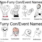 Which one's more fun? | Non-Furry Con/Event Names; Kawaii Kon; FanimeCon; Comic Con Honolulu; Otakon; Furry Con/Event Names; Confuzzled; Midwest Fur Fest; Fur the More; Anthrocon | image tagged in x in the past vs x now,furry,anime | made w/ Imgflip meme maker