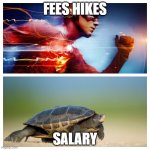 School Fee Hikes and Parent Salary | FEES HIKES; SALARY | image tagged in fast vs slow | made w/ Imgflip meme maker