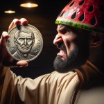 Watermelon man angry at face on coin