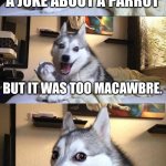 Bad Pun Dog | I WAS GONNA TELL A JOKE ABOUT A PARROT; BUT IT WAS TOO MACAWBRE. | image tagged in memes,bad pun dog | made w/ Imgflip meme maker