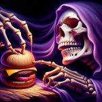 Purple skeleton wearing a white robe sculpting a wooden cheesebu meme