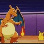 Pikachu and Charizard looking at each other