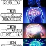 Imagine being unconscious for 5 days | BEING UNCONSCIOUS FOR 5 DAYS; BEING UNCONSCIOUS FOR 5 HOURS; BEING UNCONSCIOUS FOR 5 MINUTES; BEING UNCONSCIOUS FOR 5 SECONDS | image tagged in memes,expanding brain,awareness,funny | made w/ Imgflip meme maker