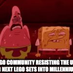 like bro we get it it's iconic | THE LEGO COMMUNITY RESISTING THE URGE TO TURN THEIR NEXT LEGO SETS INTO MILLENNIUM FALCONS: | image tagged in gifs,memes,spongebob,lego,lego star wars | made w/ Imgflip video-to-gif maker