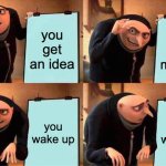 Reality | you get an idea; you get millions; you wake up; you wake up | image tagged in memes,gru's plan | made w/ Imgflip meme maker