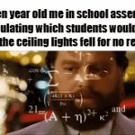 PLEASE don't say i was the only one who did this | seven year old me in school assembly calculating which students would get hit if the ceiling lights fell for no reason | image tagged in gifs,memes,funny,fun stream,fyp,school | made w/ Imgflip video-to-gif maker