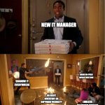 Community Fire Pizza Meme | NEW IT MANAGER; AGING ON-PREM INFRASTRUCTURE; SHADOW IT EVERYWHERE; NO ASSET INVENTORY OR SOFTWARE VISIBILITY; ENDLESS HELPDESK TICKETS; @LICENSE LOGIC | image tagged in community fire pizza meme,it manager,saas,corporate | made w/ Imgflip meme maker