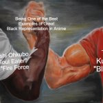 Black Anime Representation | Being One of the Best Examples of Great Black Representation in Anime; Tite Kubo's "Bleach"; Atsushi Ohkubo 's "Soul Eater" and "Fire Force | image tagged in memes,epic handshake | made w/ Imgflip meme maker