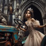 Beautiful little princess driving rickety old tractor