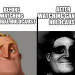 Pretty gruesome horror movie | AFTER WATCHING CANNIBAL HOLOCAUST; BEFORE WATCHING CANNIBAL HOLOCAUST | image tagged in mr incredible becoming uncanny,horror movies,cannibalism,cannibal,cannibals | made w/ Imgflip meme maker
