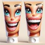 A toothpaste with a face of a satisfied and seductive face