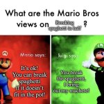 How can they tell this to lionfield? | Breaking spaghetti in half; It’s ok! You can break spaghetti if it doesn’t fit in the pot! You break the spaghetti, I bring out my machete! | image tagged in mario bros views | made w/ Imgflip meme maker