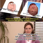 Peter Griffin pictures | Peter Griffin before; Peter Griffin in the future if any of you don't upvote any of my memes; Some idiot who can't tell the difference between cartoons and realistic things | image tagged in memes,they're the same picture,family guy,peter griffin | made w/ Imgflip meme maker