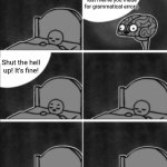 Grammar Nazi brain | You didn't even proof read that last meme you made for grammatical errors. Shut the hell up! It's fine! | image tagged in annoying brain,grammar nazi | made w/ Imgflip meme maker