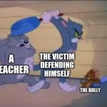 Fr tho | THE VICTIM DEFENDING HIMSELF; A TEACHER; THE BULLY | image tagged in tom jerry and spike fighting,funny,memes,bullying,school,relatable | made w/ Imgflip meme maker