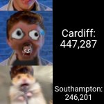 Rick Astley Becoming Scared | Uk city population; London: 9,841,000; Birmingham: 2,704,620; Liverpool: 929,000; Bristol: 617,280; Cardiff: 447,287; Southampton: 246,201; Middlesbrough: 142,707; Dumfries: 33,103; Wetwang: 761; Upton Snodsbury: 392 | image tagged in rick astley becoming scared | made w/ Imgflip meme maker