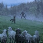 Sheep Dog Protecting Sheep From Werewolf