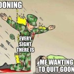 true | GOONING; EVERY SIGHT THERE IS; ME WANTING TO QUIT GOON | image tagged in soldier protecting sleeping child | made w/ Imgflip meme maker