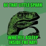 Philosoraptor | BE THAT LITTLE SPARK; WHO FELL ASLEEP INSIDE THE HAY! | image tagged in memes,philosoraptor | made w/ Imgflip meme maker